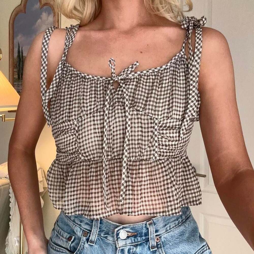 American Eagle Brown Gingham Tie-Front Peplum Crop Top